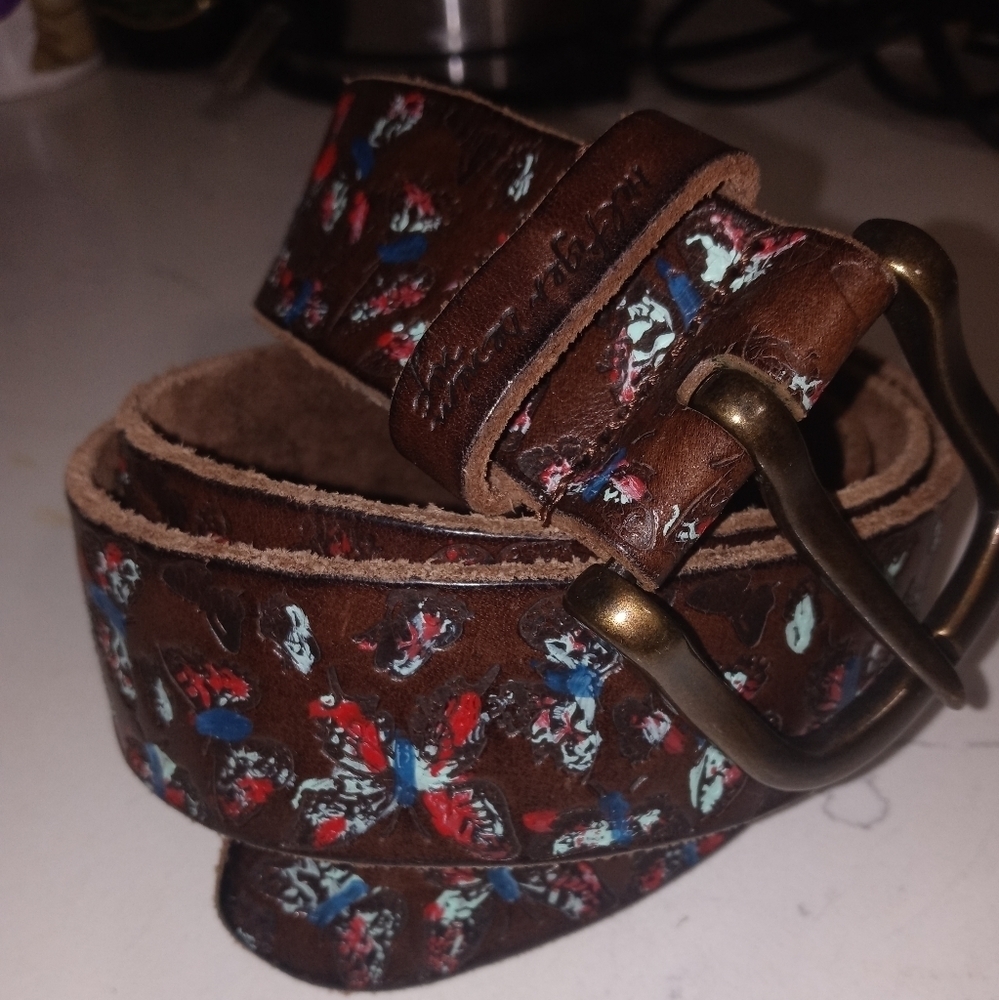 Vintage Hilfiger Denim Genuine Leather Tooled Butterfly Brown Belt Made in Italy